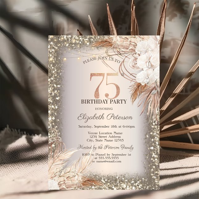 Invitación Flores Boho, Luces Marco Brillante Cumpleaños 75 (Subido por el creador)