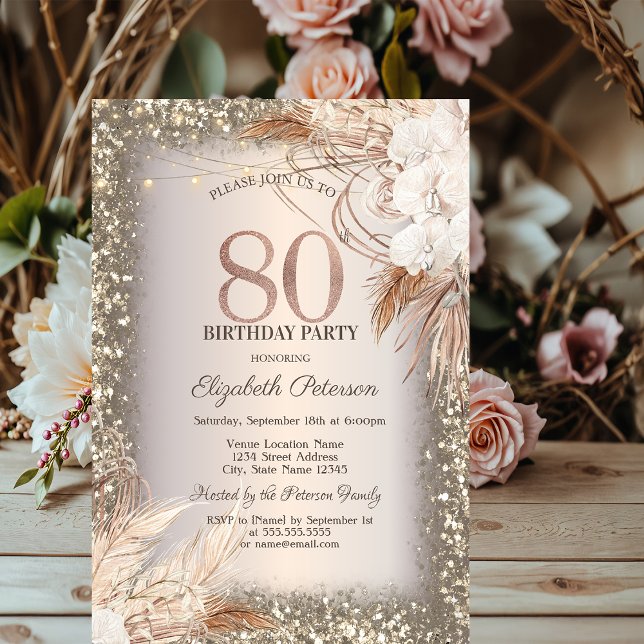 Invitación Flores Boho, Luces Marco Brillante Cumpleaños 80 (Subido por el creador)