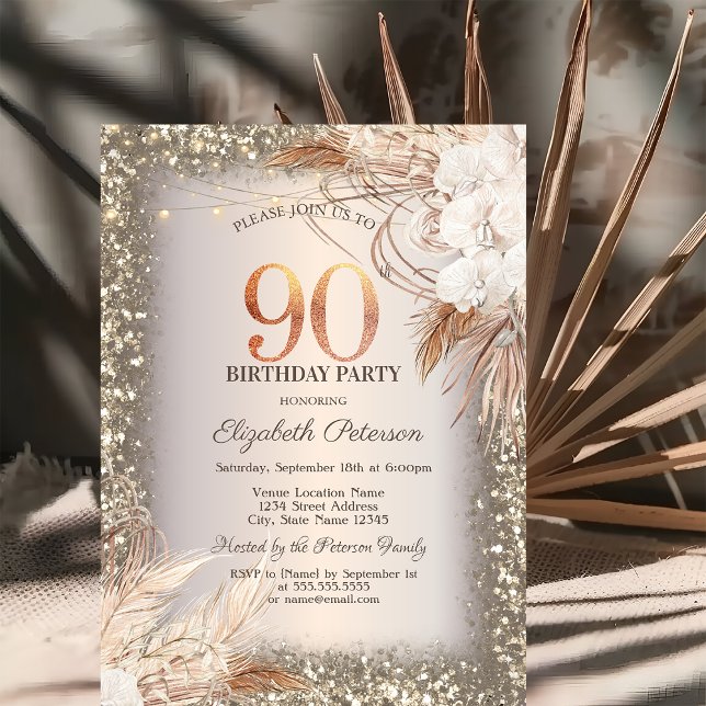 Invitación Flores Boho, Luces Marco Brillante Cumpleaños 90 (Subido por el creador)