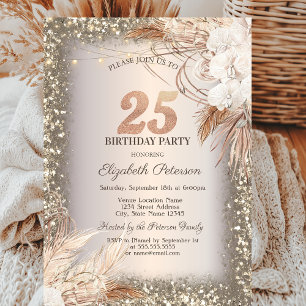 Invitación Flores Boho, luces marco Purpurina 25º cumpleaños