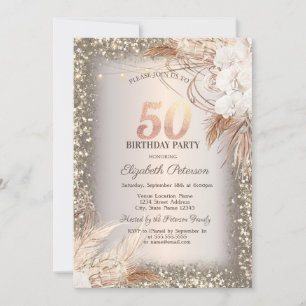 Invitación Flores Boho, luces marco Purpurina 50 cumpleaños