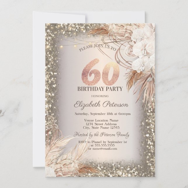 Invitación Flores Boho, luces Purpurina Marco 60 cumpleaños (Anverso)