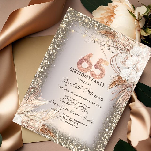 Invitación Flores Boho, luces Purpurina Marco 65 cumpleaños (Subido por el creador)