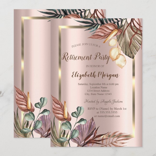 Invitación Flores Boho Marco Dorado, Jubilación Rosa Dorada (Anverso / Reverso)