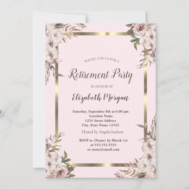 Invitación Flores Boho Marco Dorado Rosa Retiro  (Anverso)