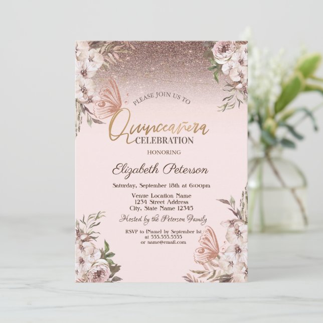 Invitación Flores Boho Mariposas Brillantes Quinceañera (Anverso de pie)