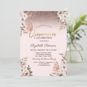 Invitación Flores Boho Mariposas Brillantes Quinceañera