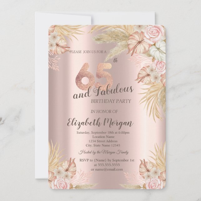 Invitación Flores Boho, Pampas Grass Rosa Dorado Cumpleaños 6 (Anverso)