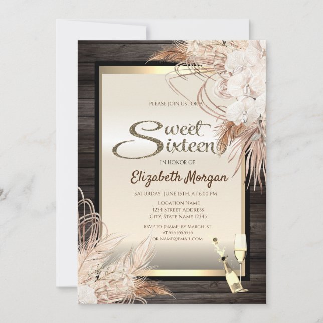 Invitación Flores Boho Pampas Hierba Madera Dulces 16 (Anverso)