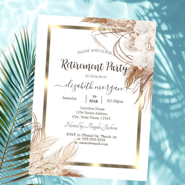 Invitación Flores Boho Pampas Hierba Marco Dorado Jubilación  (Subido por el creador)