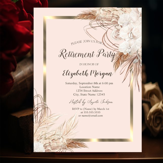 Invitación Flores Boho Pampas Hierba Marco Dorado Jubilación  (Subido por el creador)