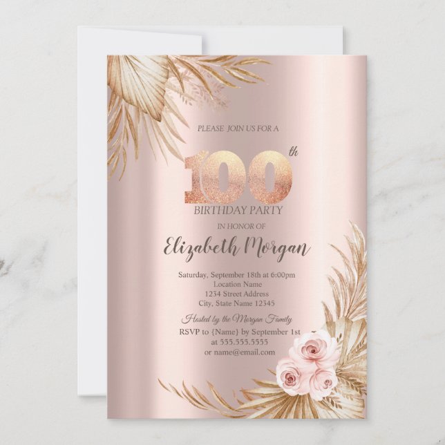 Invitación Flores Boho Pampas Rosa Dorado Cumpleaños 100 (Anverso)