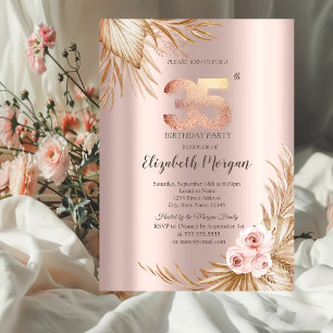 Invitación Flores Boho Pampas Rosa Dorado Cumpleaños 35