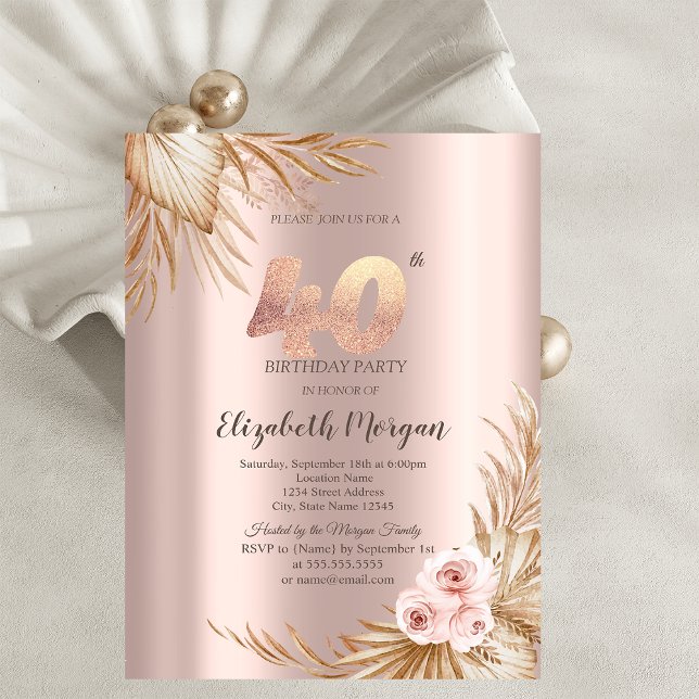 Invitación Flores Boho Pampas Rosa Dorado Cumpleaños 40 (Subido por el creador)