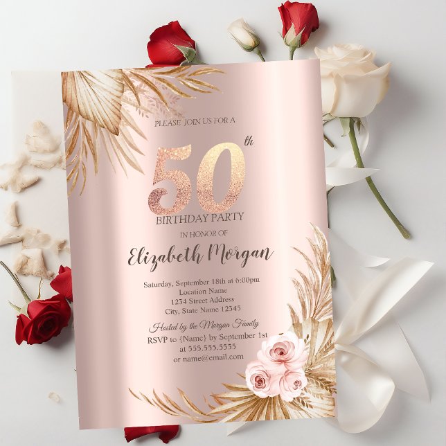 Invitación Flores Boho Pampas Rosa Dorado Cumpleaños 50 (Subido por el creador)