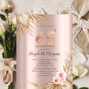 Invitación Flores Boho Pampas Rosa Dorado Cumpleaños 65