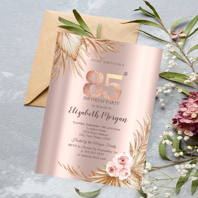 Invitación Flores Boho Pampas Rosa Dorado Cumpleaños 85 (Subido por el creador)
