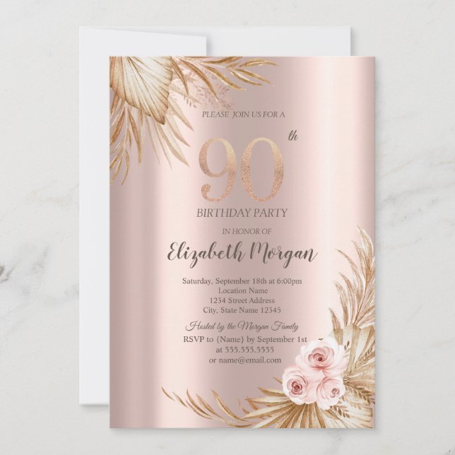 Invitación Flores Boho Pampas Rosa Dorado Cumpleaños 90 (Anverso)