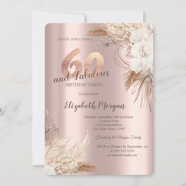 Invitación Flores Boho Pampas Rosa Oro Cumpleaños 60  (Anverso)