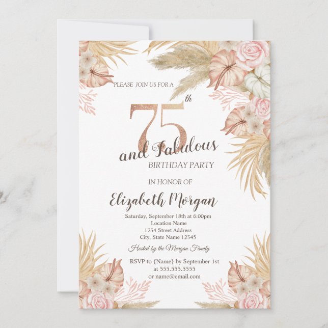 Invitación Flores Boho, Pasto de Pampas Cumpleaños 75 (Anverso)