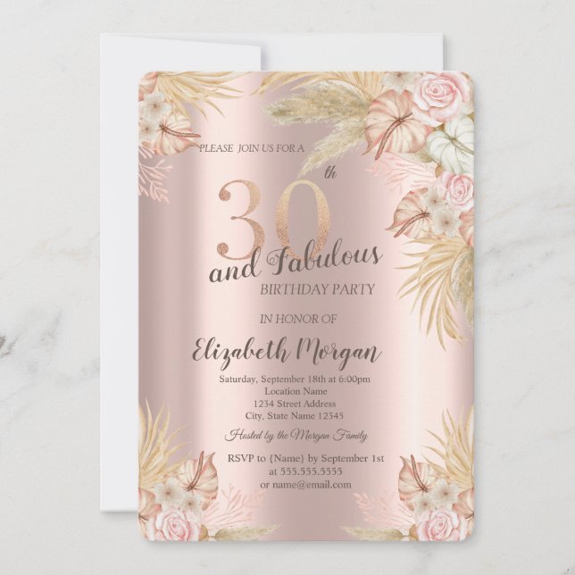 Invitación Flores Boho, Pasto de Pampas Rosa Dorado Cumpleaño (Anverso)