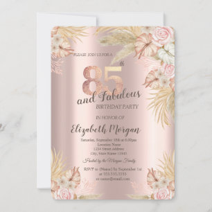 Invitación Flores Boho, Pasto de Pampas Rosa Dorado Cumpleaño