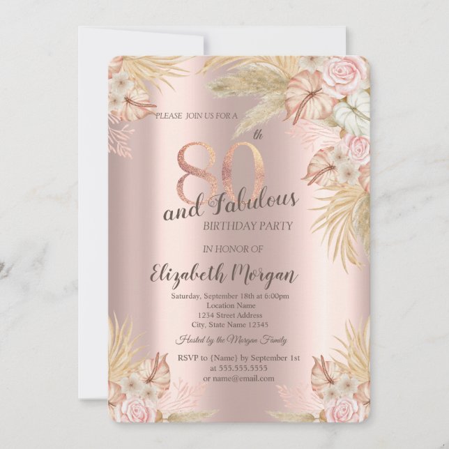 Invitación Flores Boho,Pasto de Pampas Rosa Dorado Cumpleaños (Anverso)