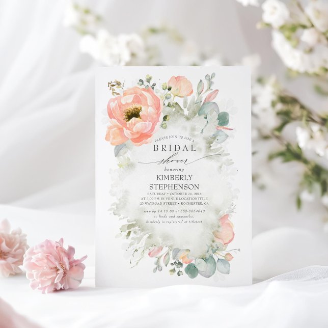 Invitación Flores Boho Peach Elegant Garden Bridal Shower (Floral Romantic Bridal Shower Invitations)