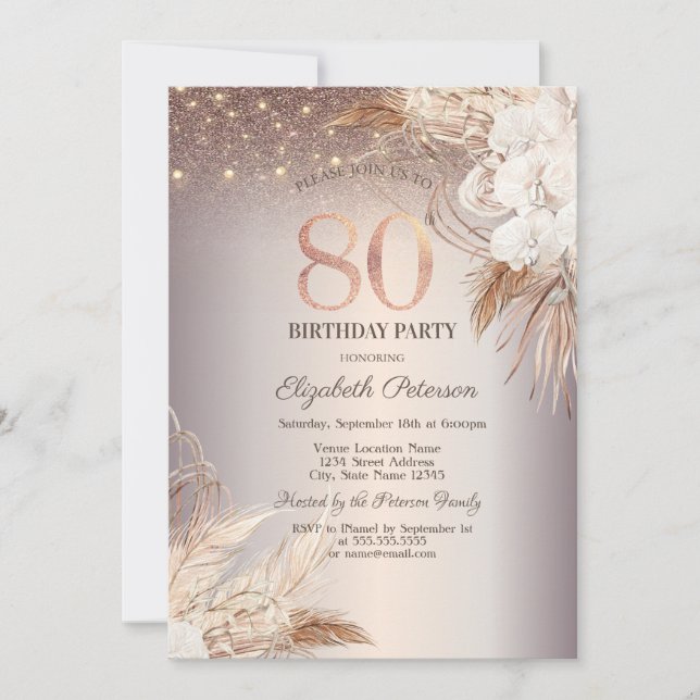 Invitación Flores Boho, Purpurina de las luces de cadena 80º  (Anverso)