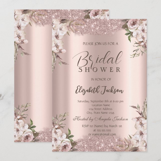 Invitación Flores Boho Rosa de marco brillante ducha de novia (Anverso / Reverso)