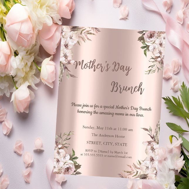 Invitación Flores Boho Rosa Dorado Brunch Día de la Madre (Subido por el creador)