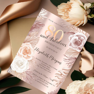 Invitación Flores Boho Rosa Dorado Cumpleaños 80