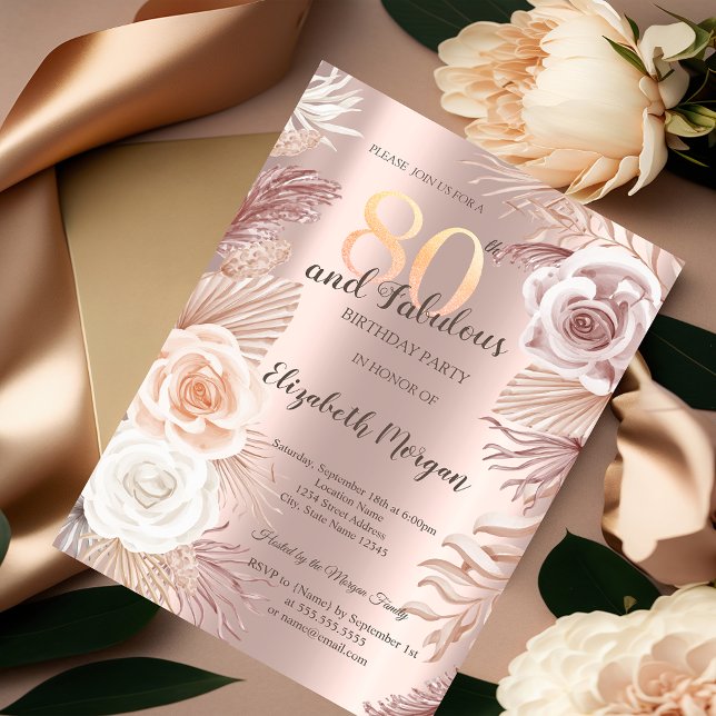 Invitación Flores Boho Rosa Dorado Cumpleaños 80 (Subido por el creador)