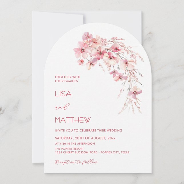 Invitación Flores Boho Rosadas Boda Casual Blanca (Anverso)