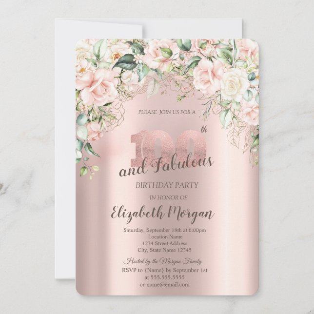 Invitación Flores Boho Rosas Oro Rosa Cumpleaños 100 (Anverso)