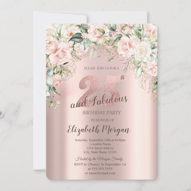 Invitación Flores Boho Rosas Oro Rosa Cumpleaños 25 (Anverso)