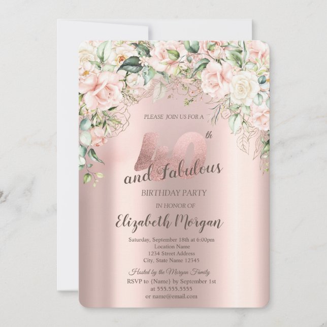 Invitación Flores Boho Rosas Oro Rosa Cumpleaños 40 (Anverso)