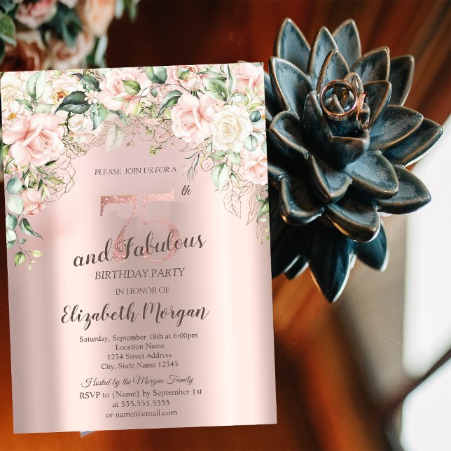 Invitación Flores Boho Rosas Oro Rosa Cumpleaños 75 (Subido por el creador)