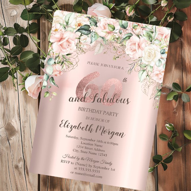 Invitación Flores Boho Rosas Rosa Dorado Cumpleaños 60 (Subido por el creador)