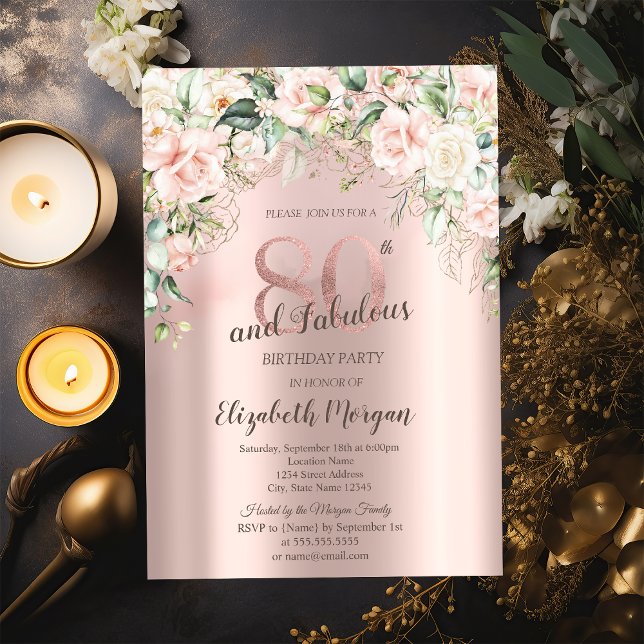 Invitación Flores Boho Rosas Rosa Dorado Cumpleaños 80 (Subido por el creador)