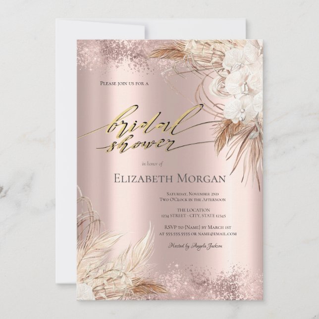 Invitación Flores Boho Subió ducha de novia confetti de oro (Anverso)