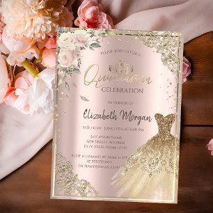 Invitación Flores Boho, Vestido de Diamantes Rosa Dorado Quin