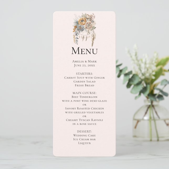 Invitación Flores Boho y Dreamcatcher - Menú Boda (Anverso de pie)