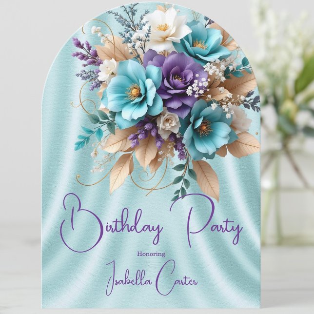 Invitación Flores bonitas de cumpleaños azul turquesa púrpura (Subido por el creador)