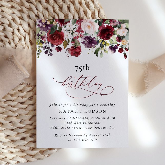 Invitación Flores Borgoña, Flores Rosadas, Boho, Cumpleaños (Subido por el creador)