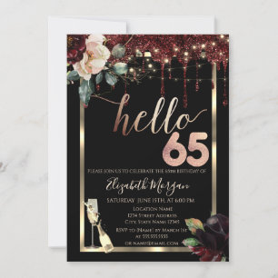 Invitación Flores Borgoña,Marco,Champán 65 Cumpleaños
