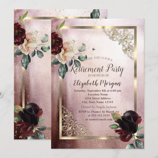Invitación Flores Borgoña Marco de Oro Rosa Jubilación (Anverso / Reverso)