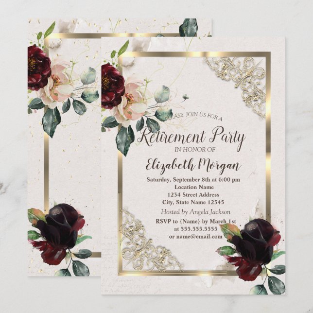 Invitación Flores Borgoña Marco Dorado, Jubilación Confeti (Anverso / Reverso)
