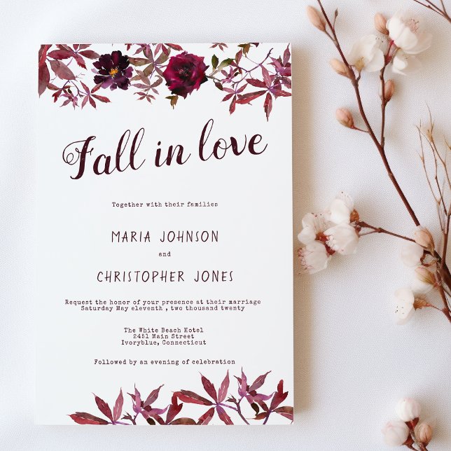 Invitación Flores botánicas acuarela Boda (Watercolor Botanical Flowers Fall in Love Wedding)