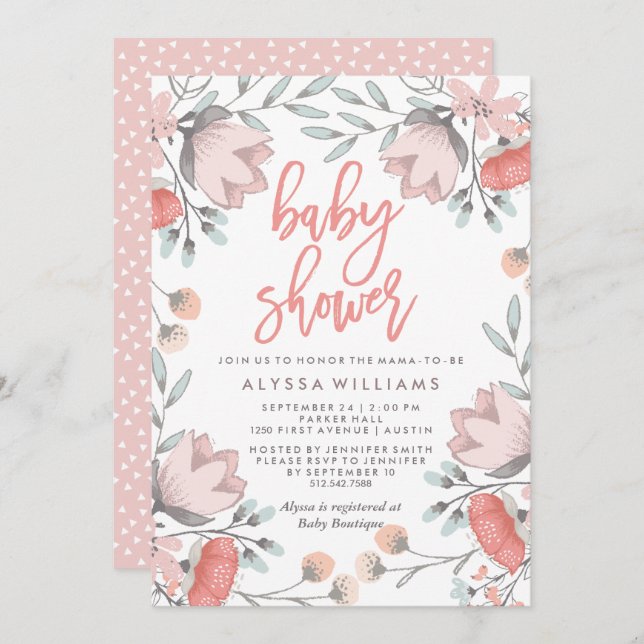 Invitación Flores botánicas Baby Shower de Boho (Anverso / Reverso)